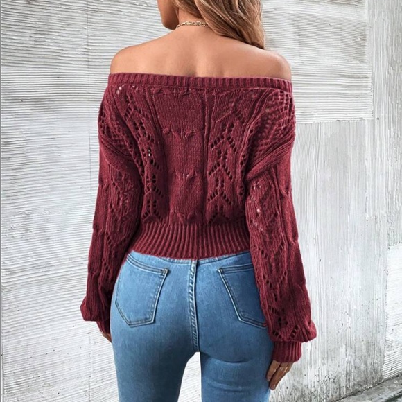 Luxe Sheer Crochet Knit Drop Shoulder Cropped Sweater Top Black - Picture 11 of 16